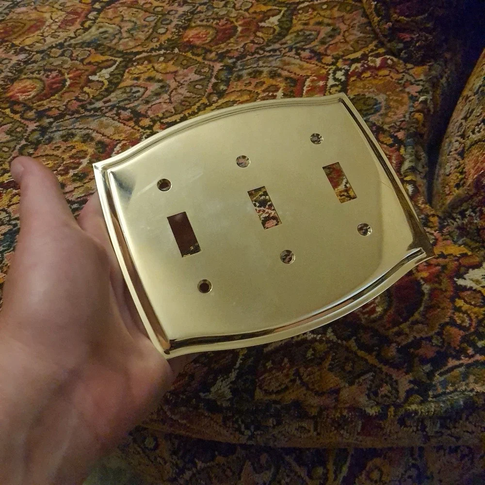 Vintage Brass Triple Toggle Switch Plate Cover Beveled Ornate Design- MidCentury
